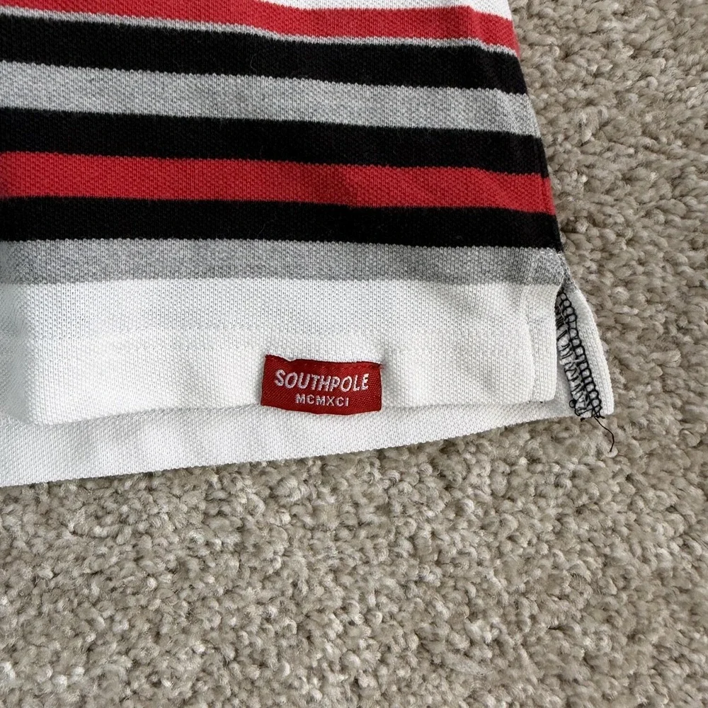 Y2K Southpole Polo Shirt Mens Large White Stripe Short Sleeve Cotton Blend